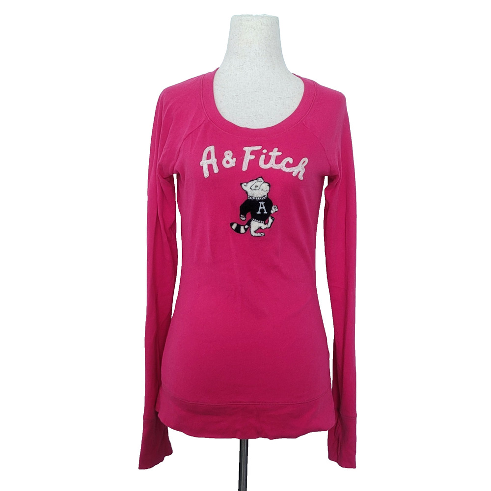 Abercrombie & Fitch Y2k Patched Racoon Print Top Size M Fuschia Preppy Varsity